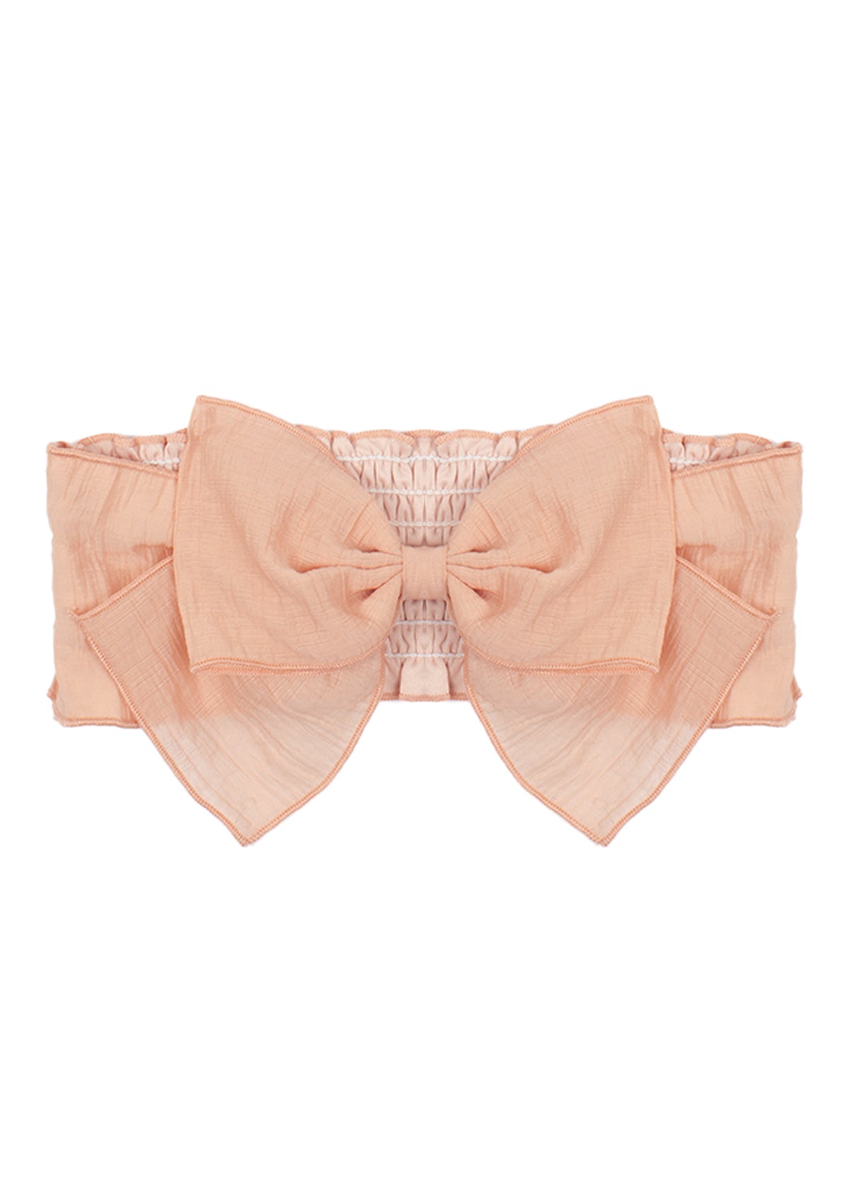 The Mabel and Honey Pitter Patter Hair Accessory is a dusty rose fabric belt with a large front bow and an elastic, ruched section at the back.