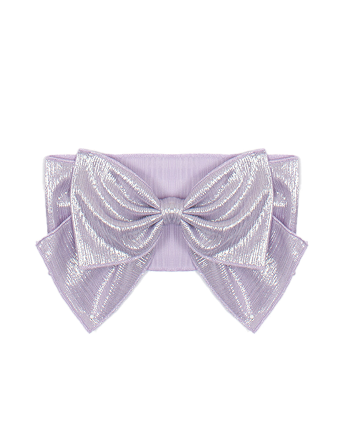 The Sabrina Hair Accessory by Isobella and Chloe features a shiny lavender metallic large bow with textured, reflective fabric on a matching ribbon band—an ideal girl's hair accessory.