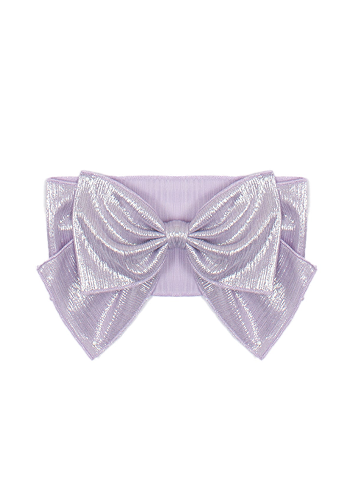 The Sabrina Hair Accessory by Isobella and Chloe features a shiny lavender metallic large bow with textured, reflective fabric on a matching ribbon band—an ideal girl's hair accessory.