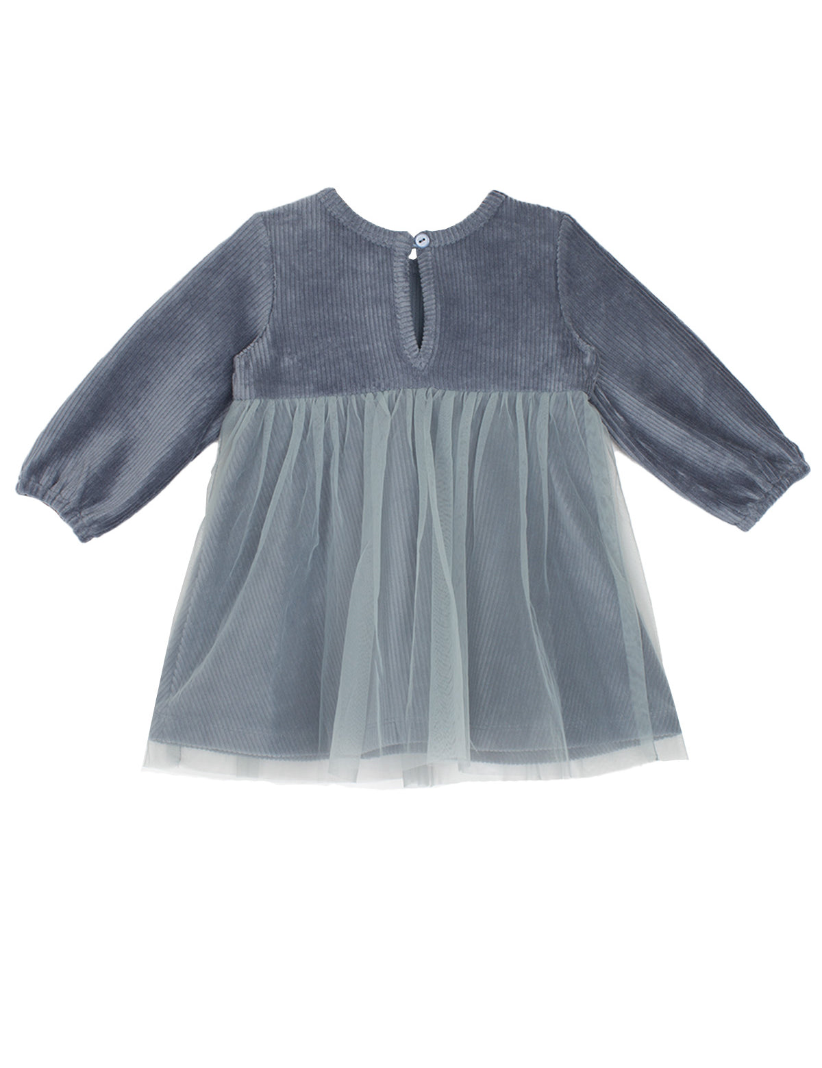 The Skylar Blue Suede Dress by Mabel and Honey features long sleeves, a round neckline, back button closure, and a sheer layered tulle skirt for an elegant touch.