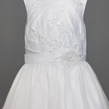 Side Rouched Bodice Communion Dress w/ Satin Flower Waist Detail