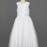 Side Rouched Bodice Communion Dress w/ Satin Flower Waist Detail