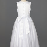 Side Rouched Bodice Communion Dress w/ Satin Flower Waist Detail