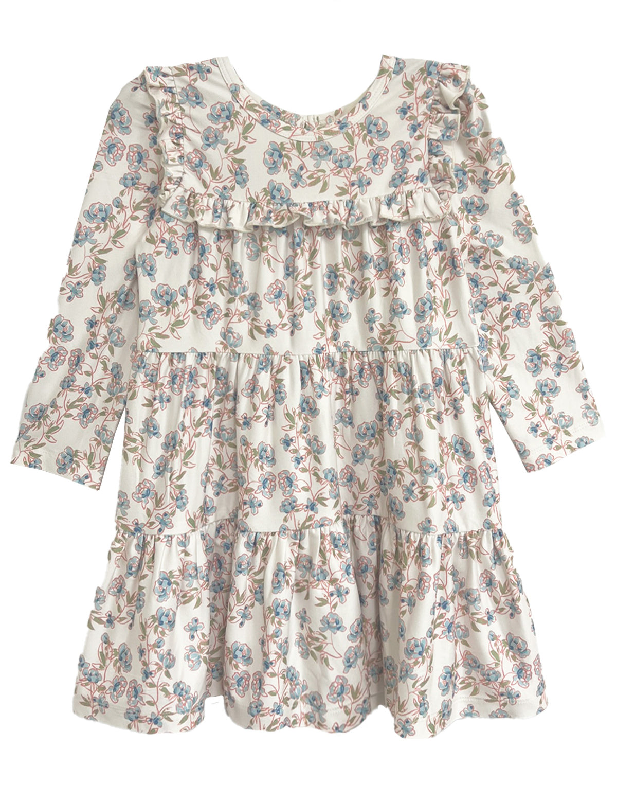 The Sadie Dress by Mabel and Honey is a charming long-sleeve baby girl dress with a white background, blue, pink, and green floral print, ruffled layers, and a round neckline—ideal for any special occasion.