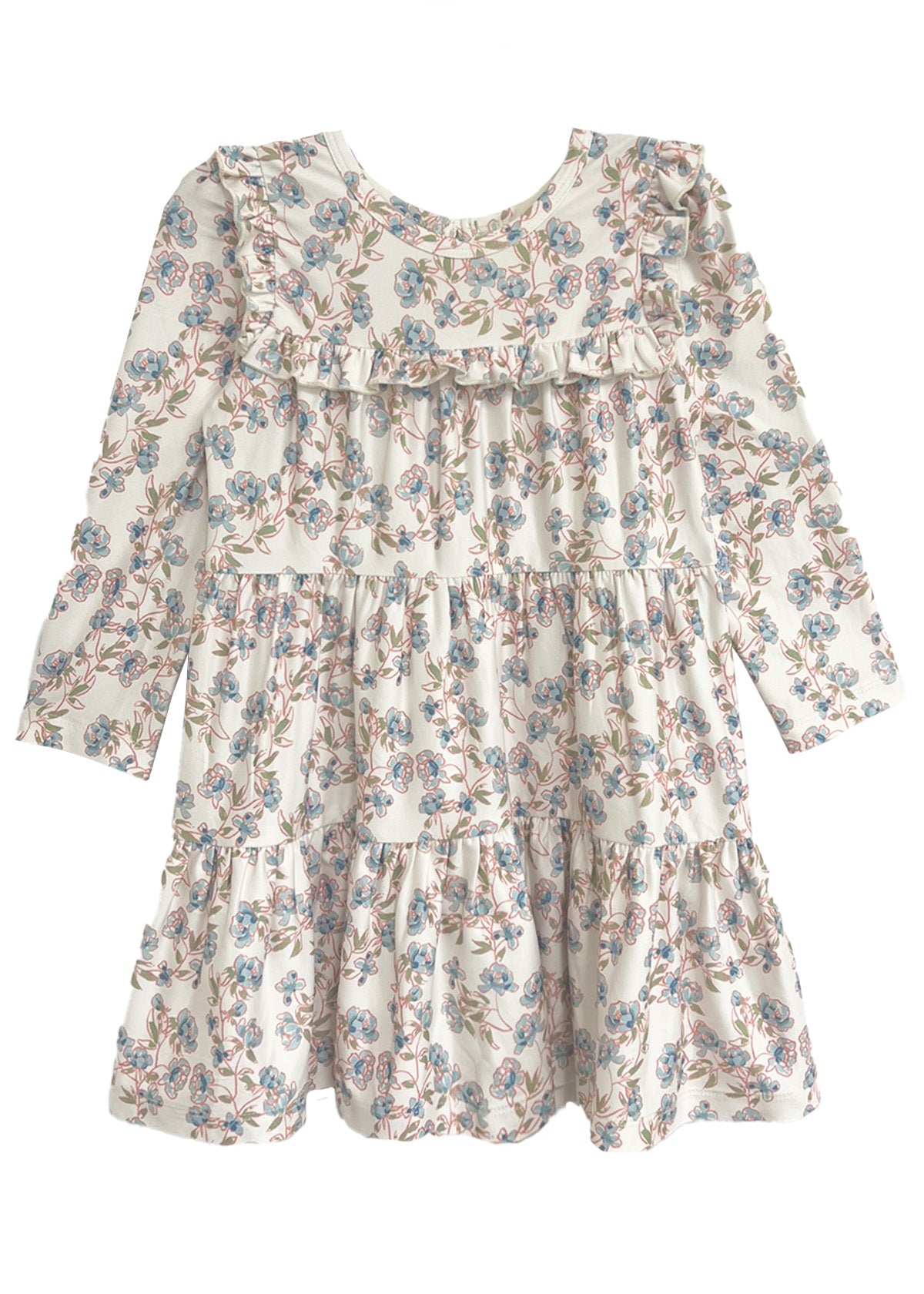 The Sadie Dress by Mabel and Honey is a charming long-sleeve baby girl dress with a white background, blue, pink, and green floral print, ruffled layers, and a round neckline—ideal for any special occasion.