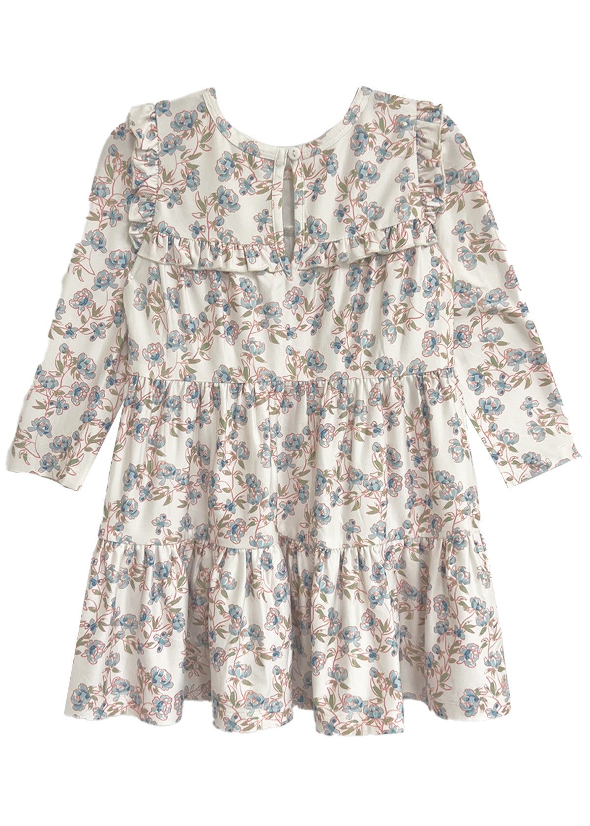 The Sadie Dress by Mabel and Honey is a charming white baby girl dress with long sleeves, a ruffled yoke, tiered skirt, and soft blue and pink floral pattern—ideal for any occasion.