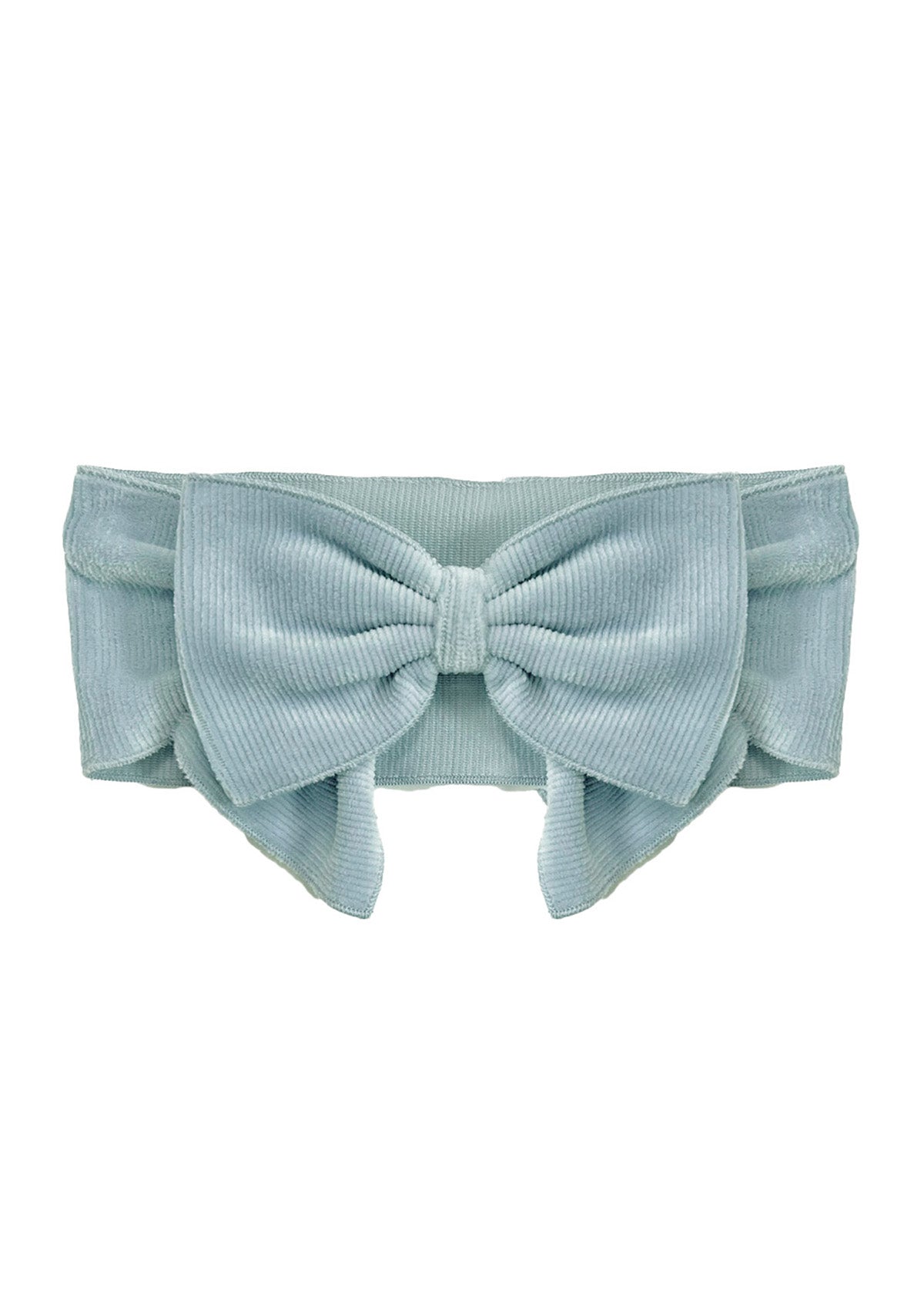 The Blair Hair Accessory by Mabel and Honey is a light blue corduroy ribbed headband with a large front bow—a stylish addition to any look.