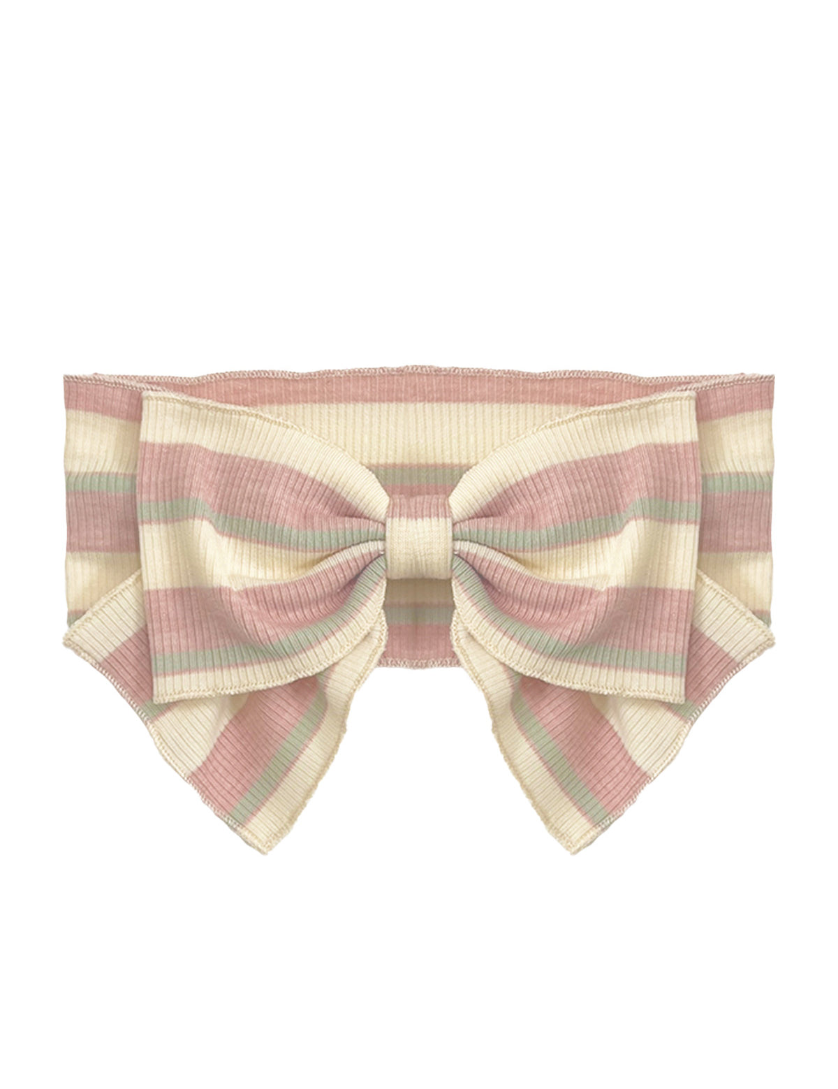 A ribbed off-shoulder bandeau top with pastel pink, cream, and light green stripes and a front bow pairs perfectly with the Mabel and Honey Candy Stripe Hair Accessory for a playful look.