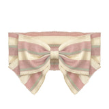 A ribbed off-shoulder bandeau top with pastel pink, cream, and light green stripes and a front bow pairs perfectly with the Mabel and Honey Candy Stripe Hair Accessory for a playful look.