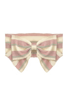 A ribbed off-shoulder bandeau top with pastel pink, cream, and light green stripes and a front bow pairs perfectly with the Mabel and Honey Candy Stripe Hair Accessory for a playful look.