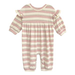 The Mabel and Honey Candy Stripe Romper features pink and white stripes, ruffled shoulders, a gathered waist, and ribbed cuffs—a charming choice for any little one.