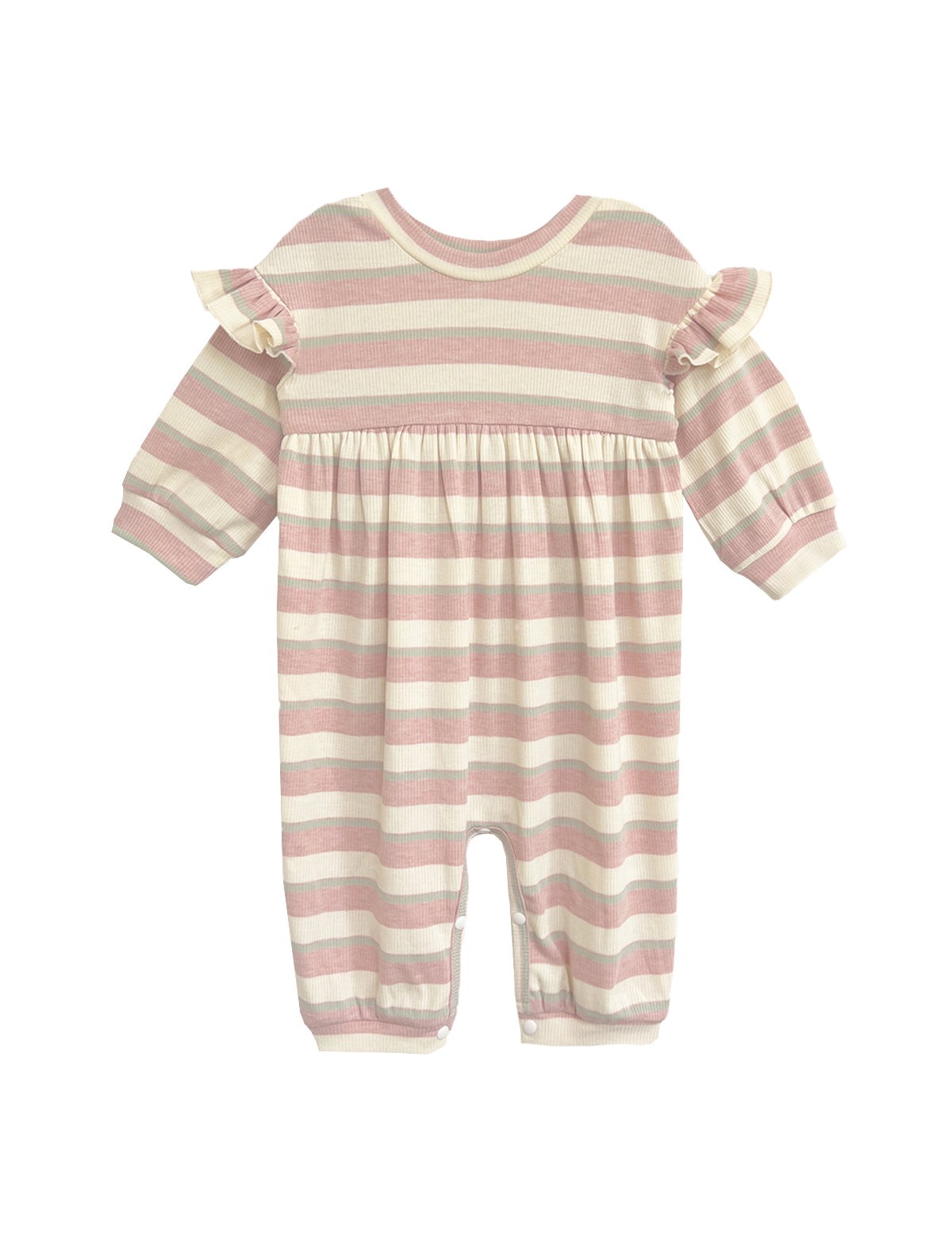 The Mabel and Honey Candy Stripe Romper features pink and white stripes, ruffled shoulders, a gathered waist, and ribbed cuffs—a charming choice for any little one.
