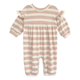 The Mabel and Honey Candy Stripe Romper features pink and white stripes, ruffled shoulders, a gathered waist, and ribbed cuffs—a charming choice for any little one.