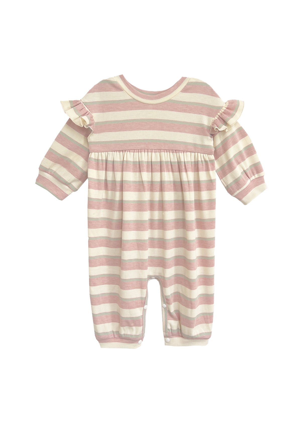 The Mabel and Honey Candy Stripe Romper features pink and white stripes, ruffled shoulders, a gathered waist, and ribbed cuffs—a charming choice for any little one.