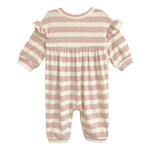 The Mabel and Honey Candy Stripe Romper features pink and white stripes, long sleeves, ruffled shoulders, a gathered waist, and cuffed wrists and ankles, shown on a white background.