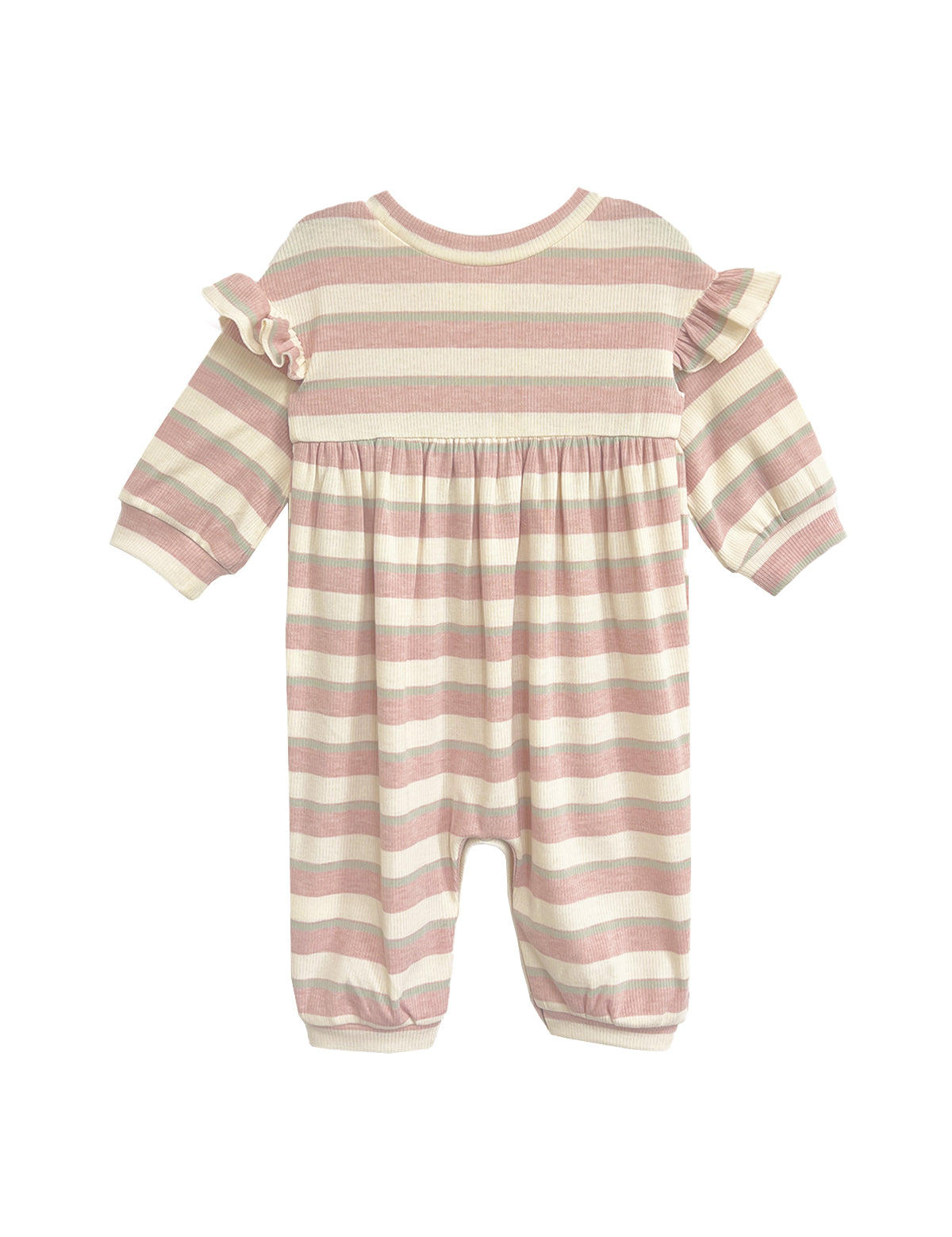 The Mabel and Honey Candy Stripe Romper features pink and white stripes, long sleeves, ruffled shoulders, a gathered waist, and cuffed wrists and ankles, shown on a white background.