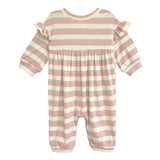 The Mabel and Honey Candy Stripe Romper features pink and white stripes, long sleeves, ruffled shoulders, a gathered waist, and cuffed wrists and ankles, shown on a white background.