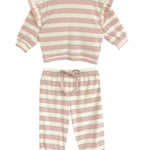 The Mabel and Honey Candy Stripe Two Piece Set includes a long-sleeve ruffled top and bow-tie drawstring pants in playful pink and white stripes, offering a cute, cozy style perfect for your toddler.