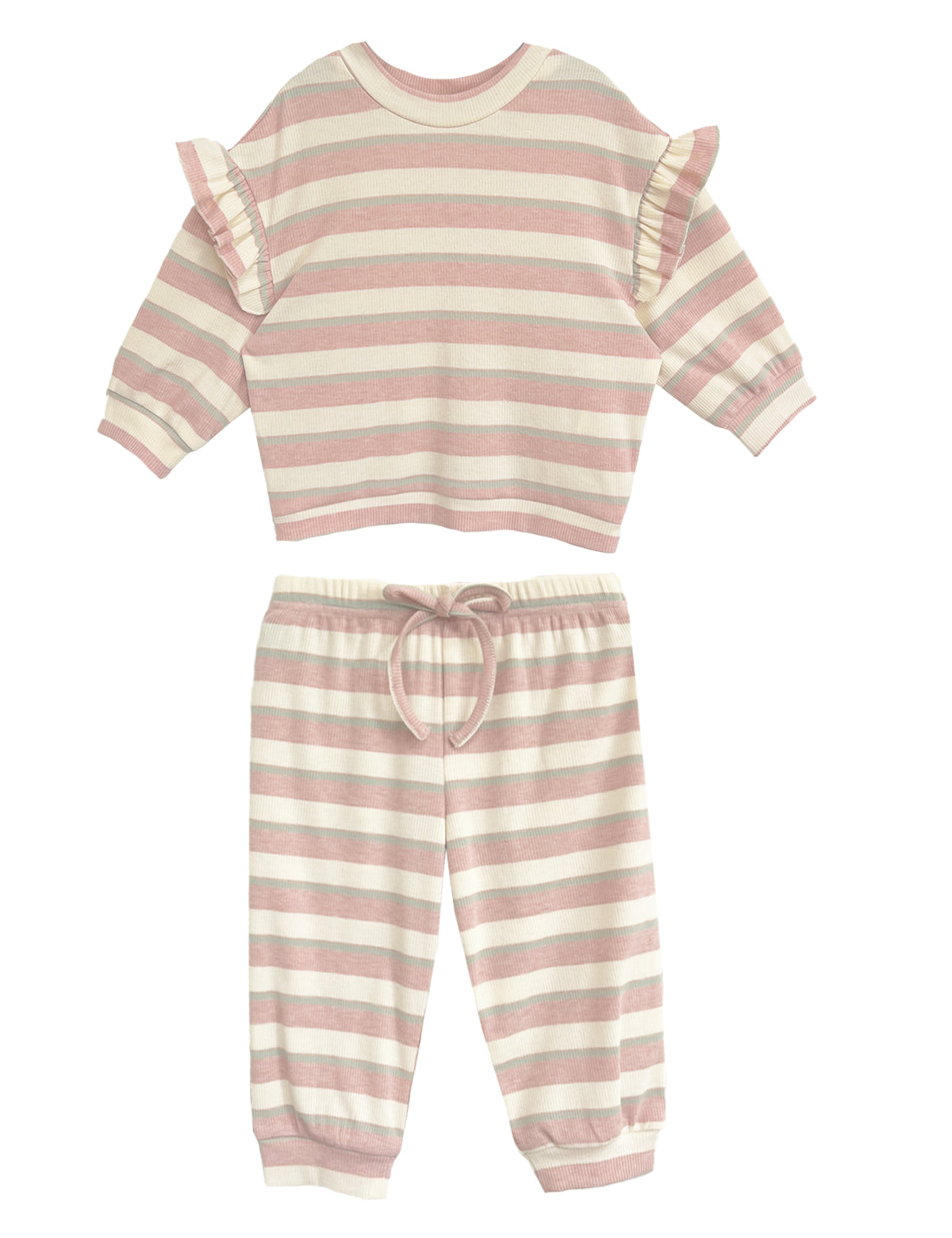 The Mabel and Honey Candy Stripe Two Piece Set includes a long-sleeve ruffled top and bow-tie drawstring pants in playful pink and white stripes, offering a cute, cozy style perfect for your toddler.