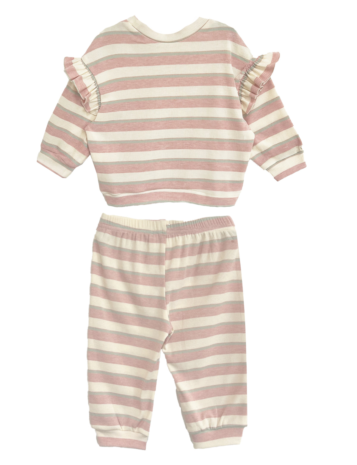The Candy Stripe Two Piece Set by Mabel and Honey features pink and white stripes, a long-sleeve top with ruffled shoulders, and matching elastic-waist pants with cuffed ankles for a cozy look.