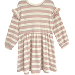 The Candy Stripe Dress by Mabel and Honey features pink stripes, long sleeves, ruffled shoulders, a gathered waist, and cuffed sleeves—an adorable addition to any girl's wardrobe.