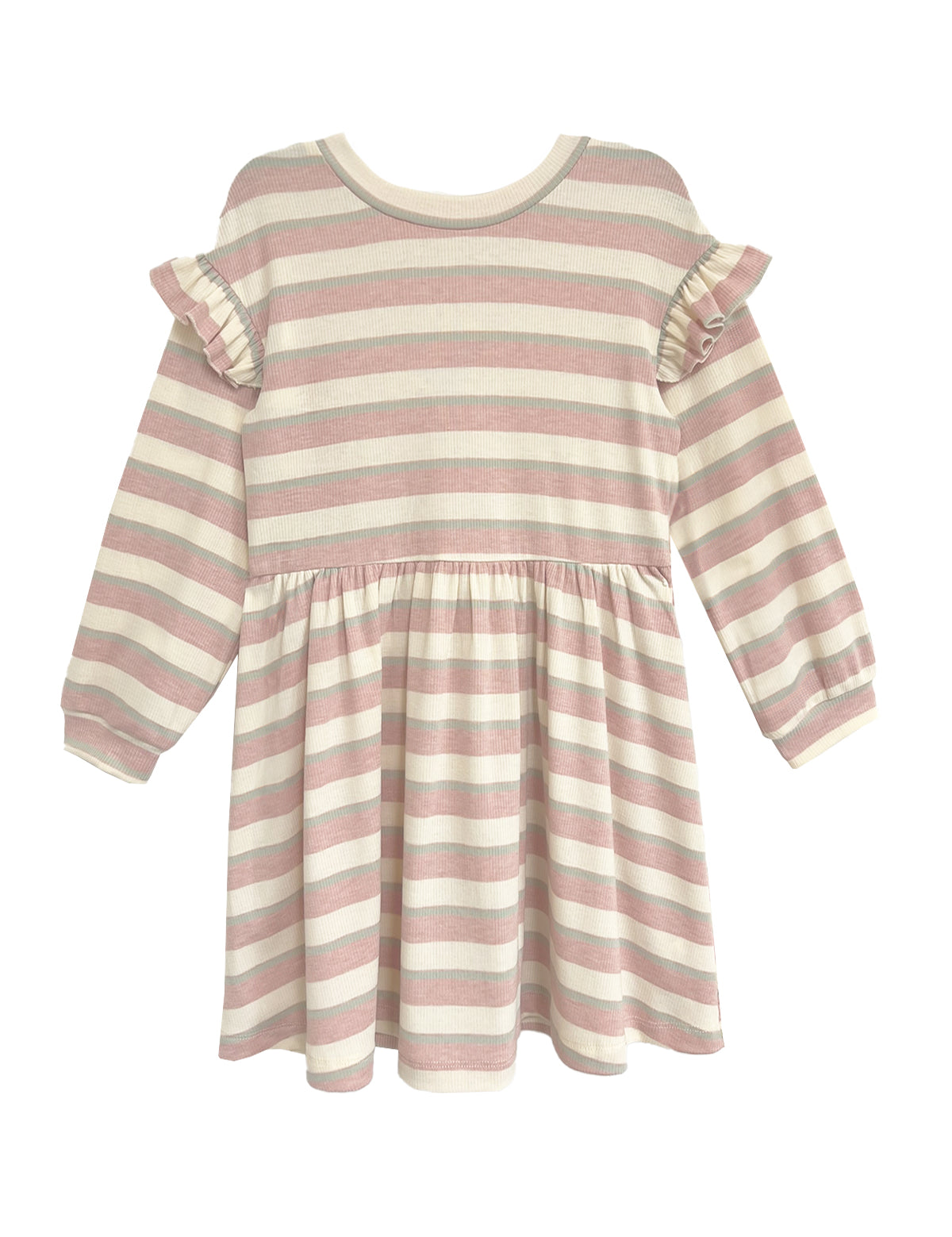The Candy Stripe Dress by Mabel and Honey features pink stripes, long sleeves, ruffled shoulders, a gathered waist, and cuffed sleeves—an adorable addition to any girl's wardrobe.
