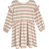 The Candy Stripe Dress by Mabel and Honey features pink stripes, long sleeves, ruffled shoulders, a gathered waist, and cuffed sleeves—an adorable addition to any girl's wardrobe.