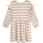 The Candy Stripe Dress by Mabel and Honey is a charming girls’ dress with pink and white stripes, ruffled shoulders, and a gathered waist—ideal for stylish comfort.