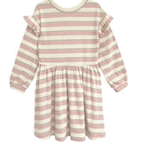 The Candy Stripe Dress by Mabel and Honey is a charming girls’ dress with pink and white stripes, ruffled shoulders, and a gathered waist—ideal for stylish comfort.
