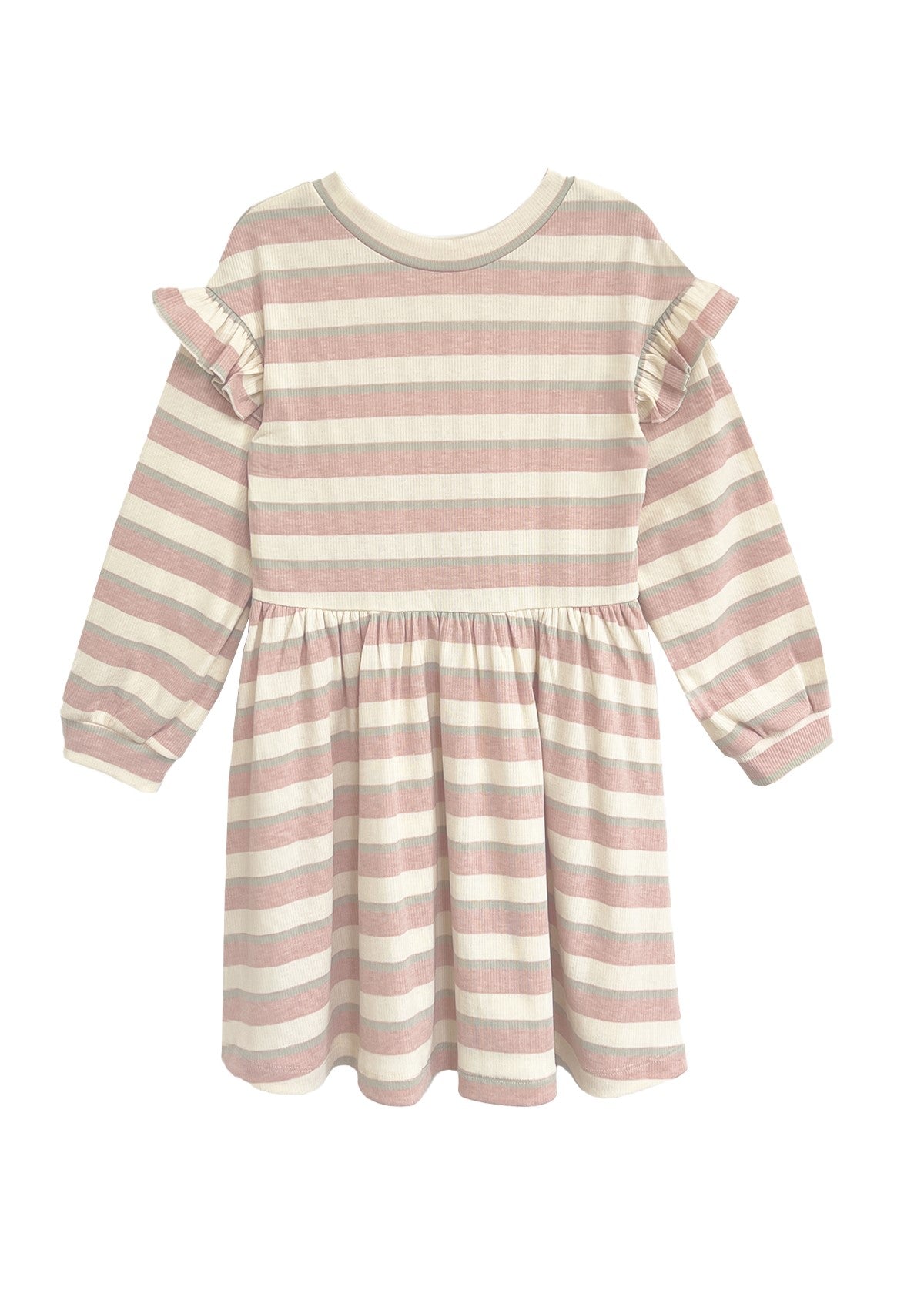 The Candy Stripe Dress by Mabel and Honey is a charming girls’ dress with pink and white stripes, ruffled shoulders, and a gathered waist—ideal for stylish comfort.