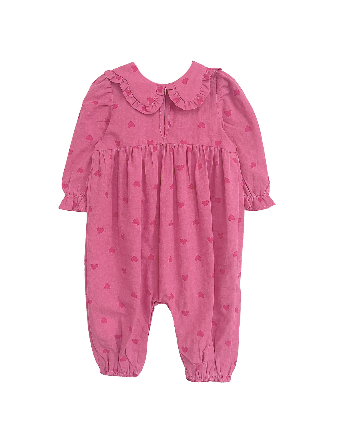 The Perfect in Pink Romper by Mabel and Honey is an adorable pink baby girl outfit featuring long sleeves, a ruffled collar, heart pattern, and gathered details at the waist, wrists, and ankles for a sweet, comfy fit.