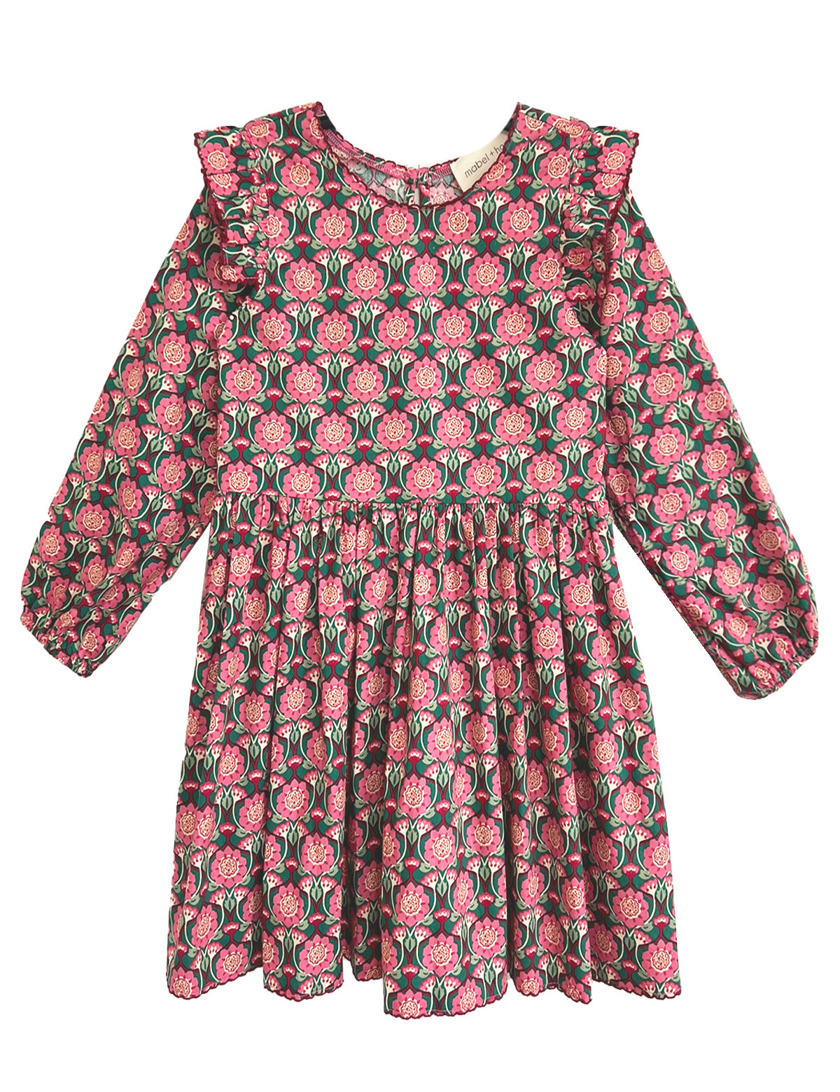 The Perfect in Pink Dress by Mabel and Honey features long sleeves, pink floral print, ruffled shoulders, and a gathered waist—knee-length and ideal for any occasion.