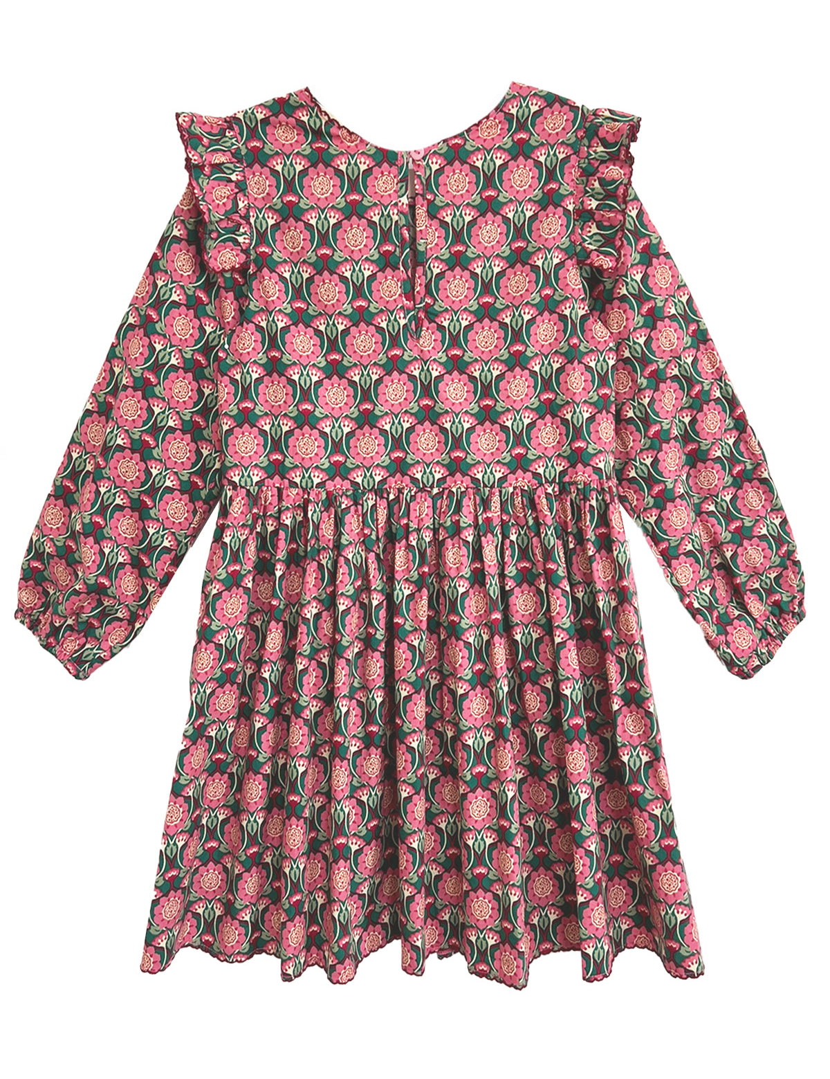 The Perfect in Pink Dress by Mabel and Honey is a charming, feminine long sleeve dress with pink floral print, ruffle details, knee-length cut, gathered waist, and elastic cuffs.