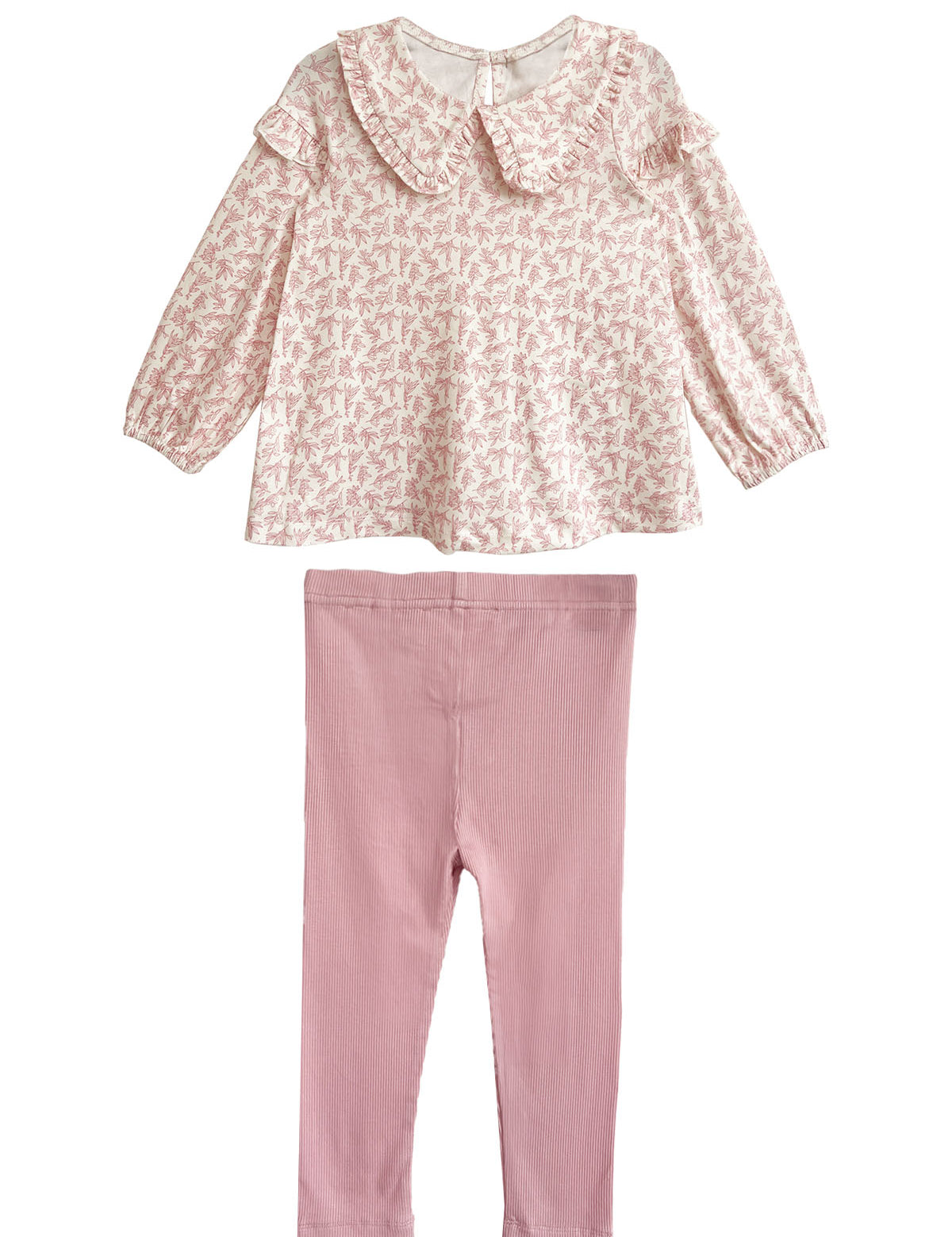 The Mabel and Honey Primrose Two Piece Set features a charming pink floral long-sleeved top with a large collar and plain light pink leggings—a perfect outfit for any baby girl.