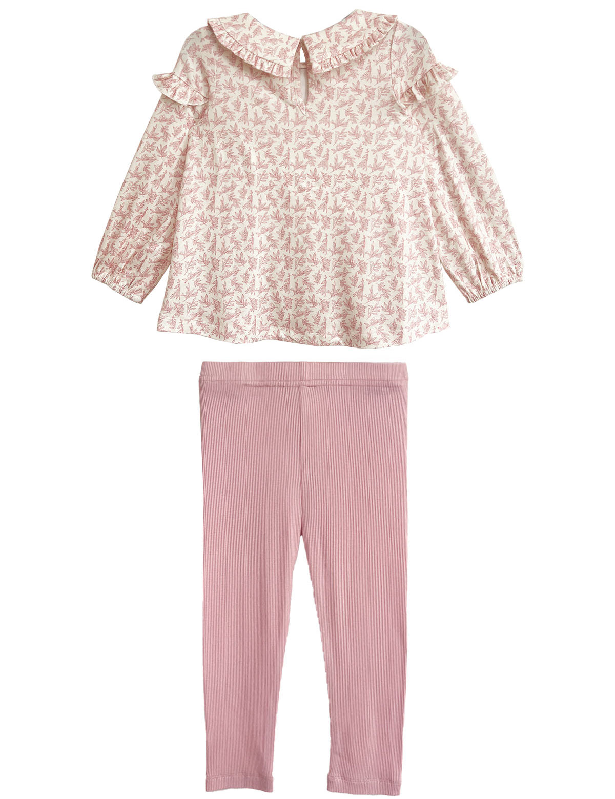 The Mabel and Honey Primrose Two Piece Set features a long-sleeve, pale pink floral top with a ruffled collar and matching leggings, displayed on a white background—an adorable outfit for baby girls.