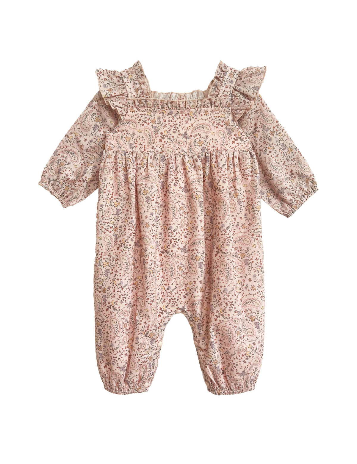 The Mabel and Honey Paisely Romper features long sleeves, ruffled shoulders, and a pink paisley print with gathered fabric at the chest and ankles for a loose, comfy fit—perfect for your little one.