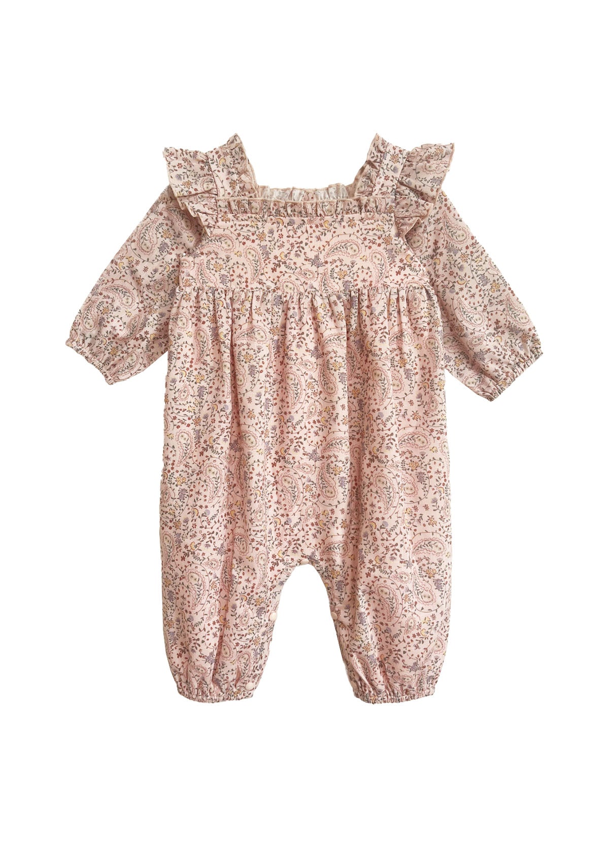 The Mabel and Honey Paisely Romper features long sleeves, ruffled shoulders, and a pink paisley print with gathered fabric at the chest and ankles for a loose, comfy fit—perfect for your little one.