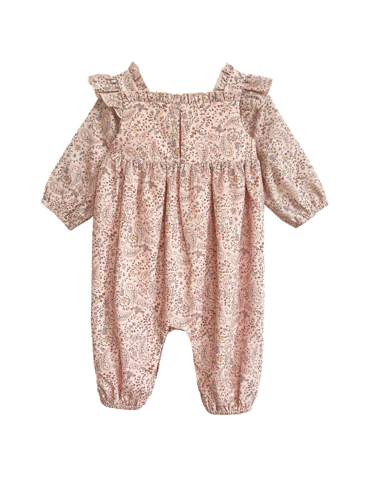The Mabel and Honey Paisely Romper features long sleeves, a pink and beige floral paisley print, ruffled shoulders, gathered cuffs at wrists and ankles, and a square neckline—perfect for your stylish little one.