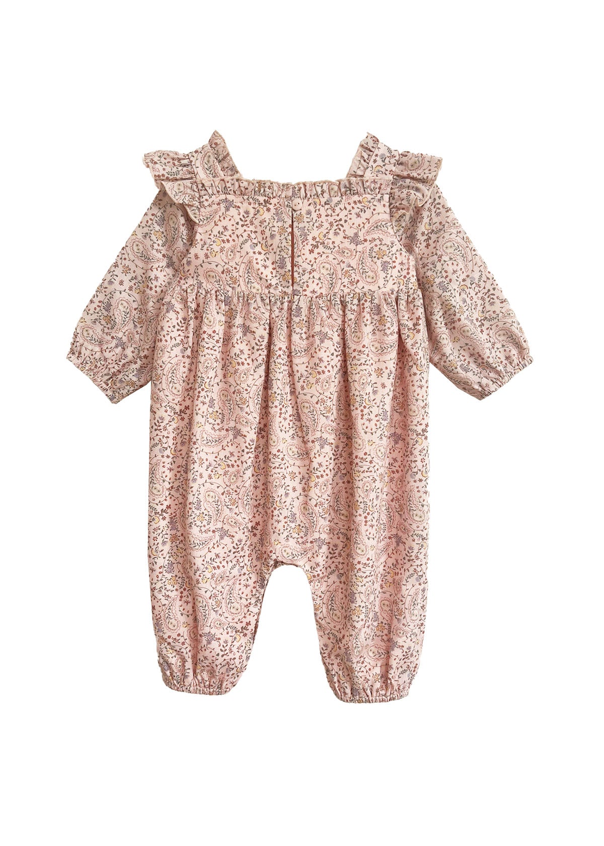 The Mabel and Honey Paisely Romper features long sleeves, a pink and beige floral paisley print, ruffled shoulders, gathered cuffs at wrists and ankles, and a square neckline—perfect for your stylish little one.
