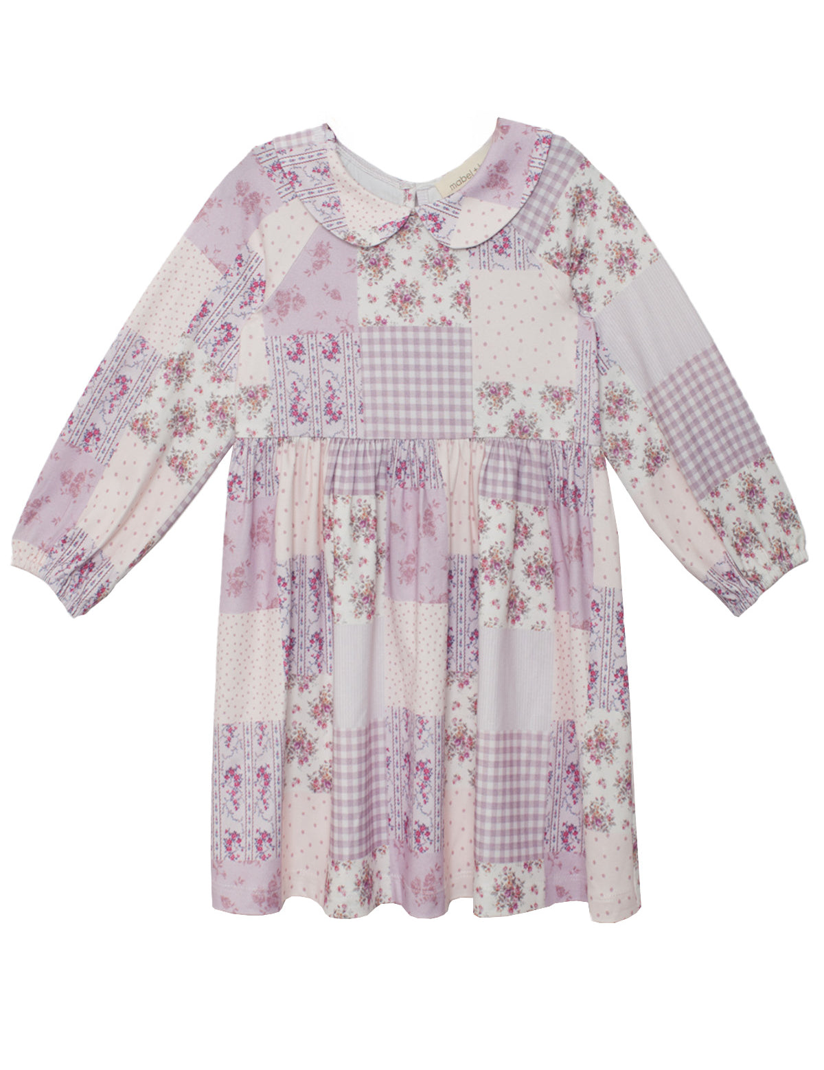 The Liliana Floral Dress by Mabel and Honey features a Peter Pan collar, long sleeves, and soft pink, lavender, and white floral gingham patterns. Gathered fabric at the waist and cuffs adds a touch of classic charm.