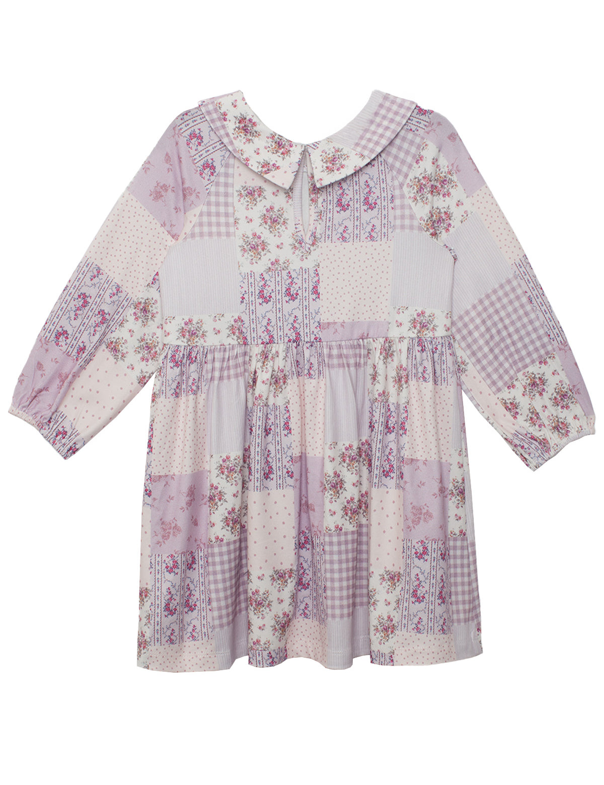 The Liliana Floral Dress by Mabel and Honey is a long-sleeved, knee-length children’s dress with a Peter Pan collar, pink and purple floral and gingham prints, and a button at the neckline for a charming finish.