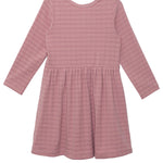The Mabel and Honey Liliana Plaid Dress for kids has long sleeves, a gathered waist, and a flared skirt in dusty pink plaid, displayed on a plain white background.