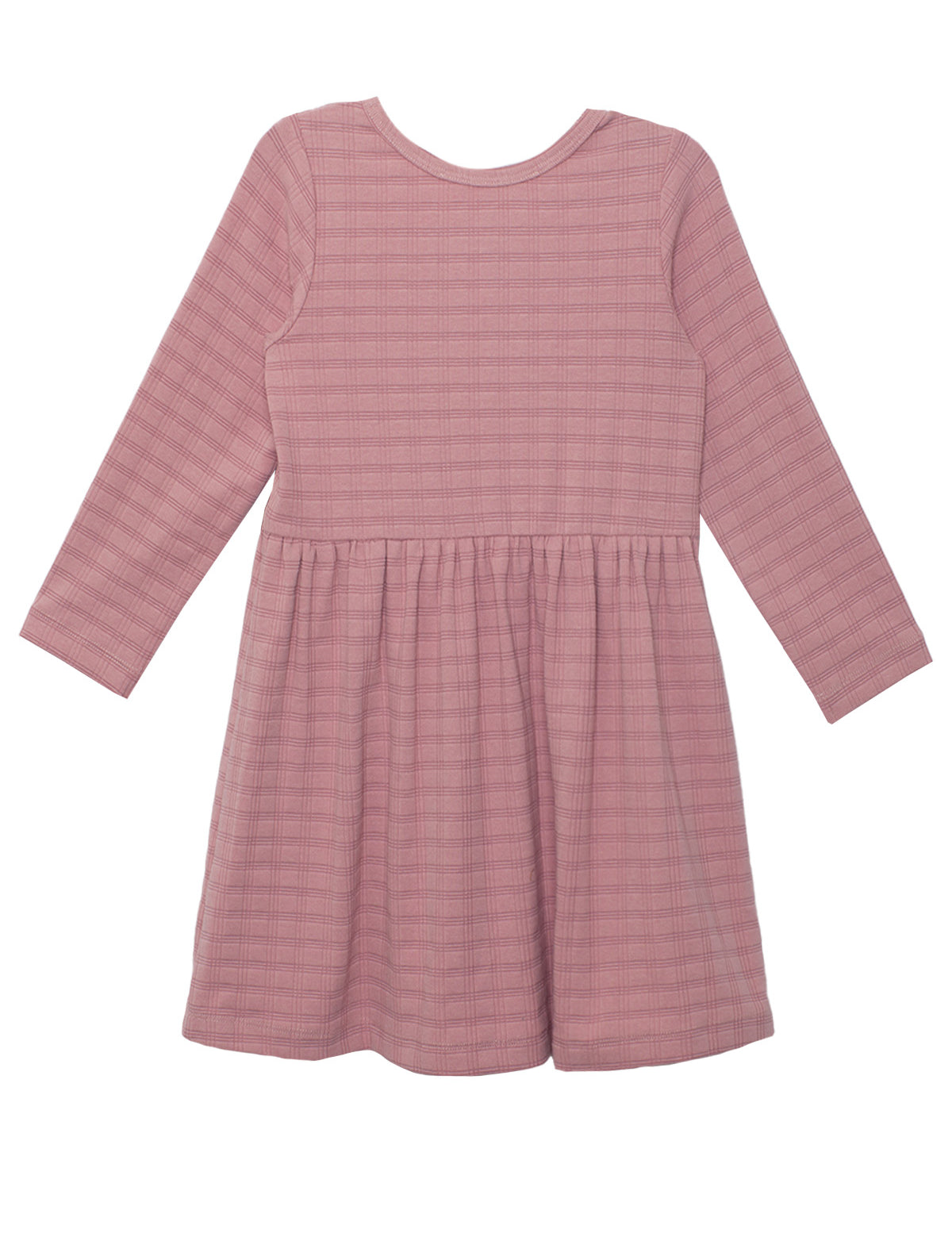 The Mabel and Honey Liliana Plaid Dress for kids has long sleeves, a gathered waist, and a flared skirt in dusty pink plaid, displayed on a plain white background.