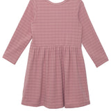 The Mabel and Honey Liliana Plaid Dress for kids has long sleeves, a gathered waist, and a flared skirt in dusty pink plaid, displayed on a plain white background.