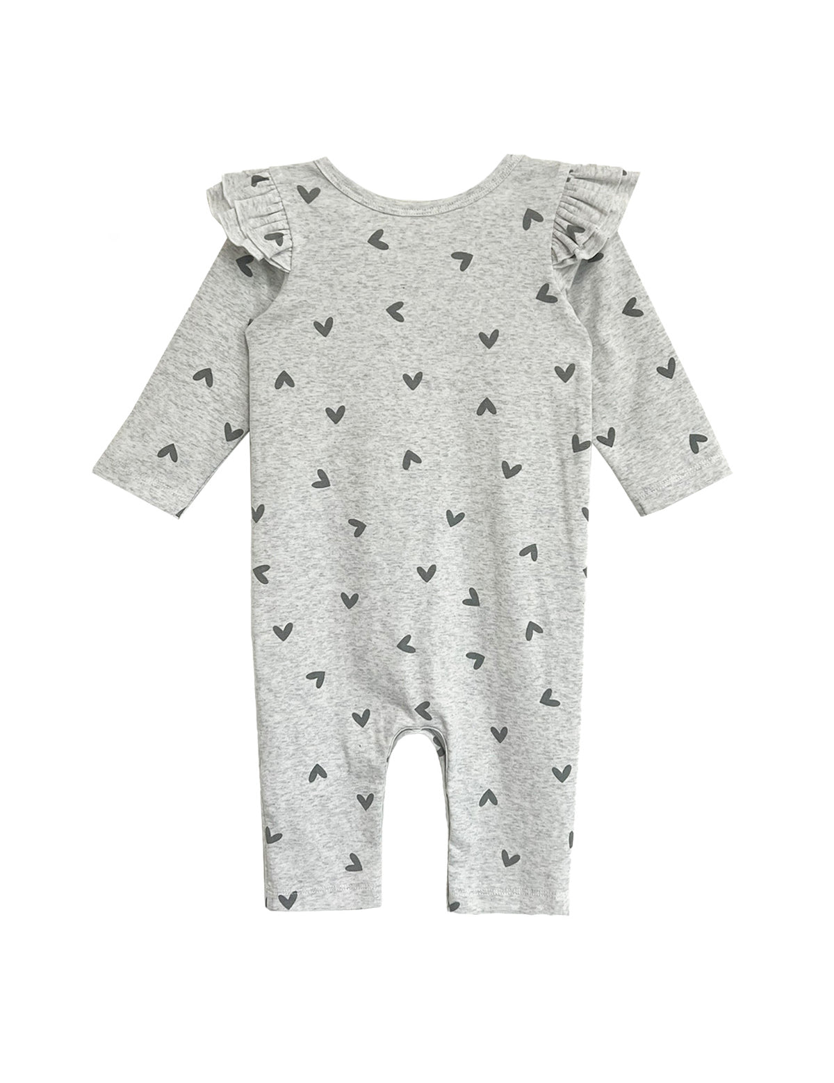 The Heartfelt Romper by Mabel and Honey is a long-sleeved, light gray romper with black heart patterns and ruffled shoulders, shown laid flat on a white background.