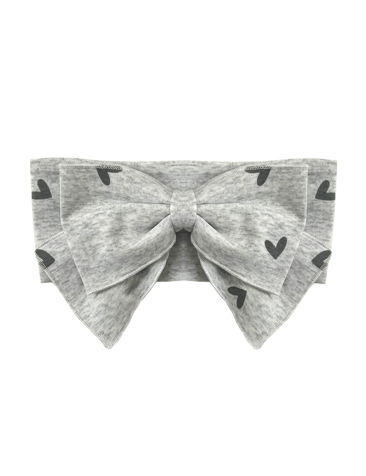 The Mabel and Honey Heartfelt Hair Accessory is a gray baby headband with a bow and black heart print, shown on a white background.