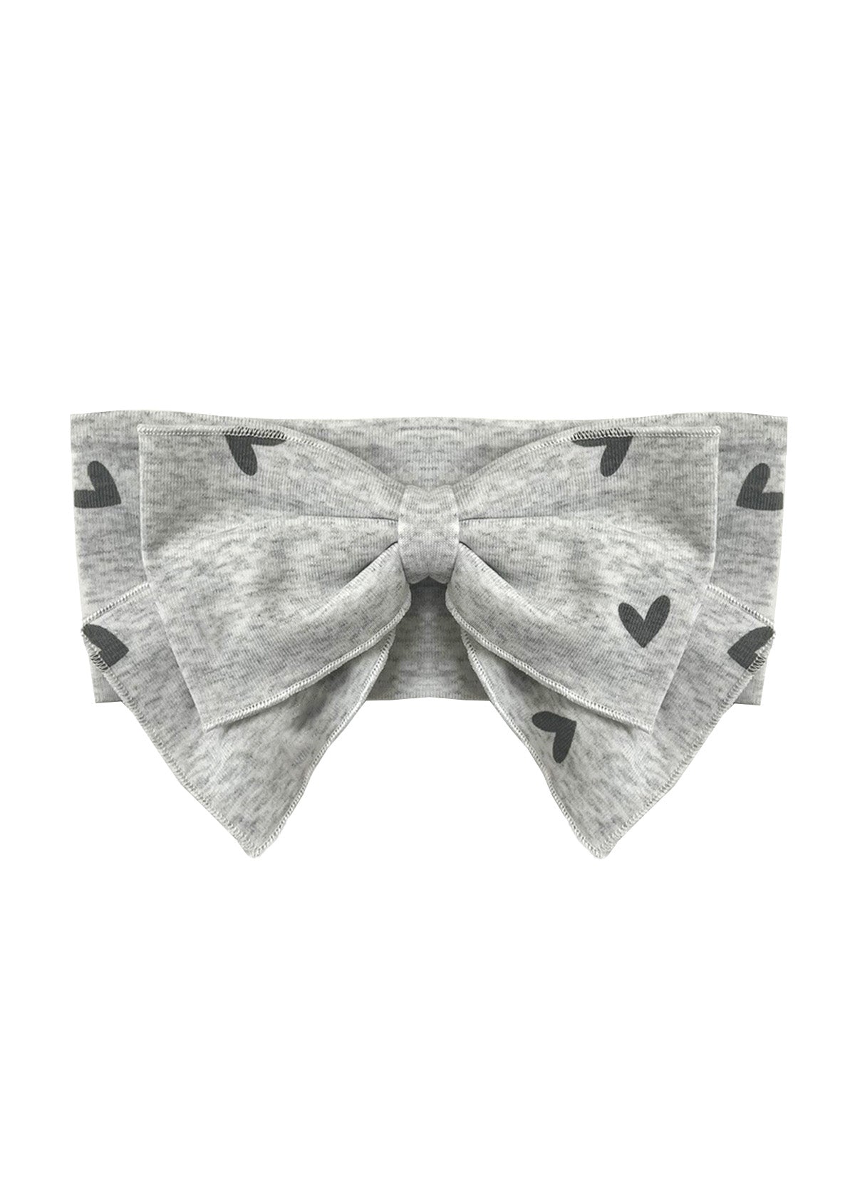 The Mabel and Honey Heartfelt Hair Accessory is a gray baby headband with a bow and black heart print, shown on a white background.