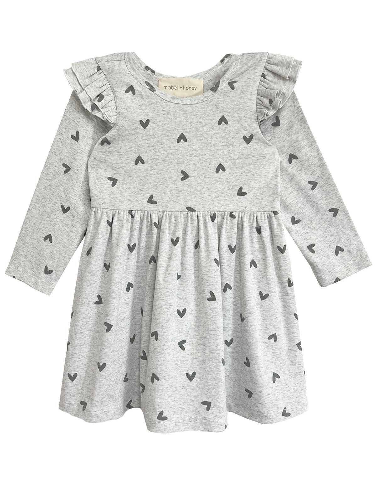 The Heartfelt Dress by Mabel and Honey features a gray base with black heart prints, ruffled shoulders, and a gathered waist—blending comfort and adorable style for your toddler.