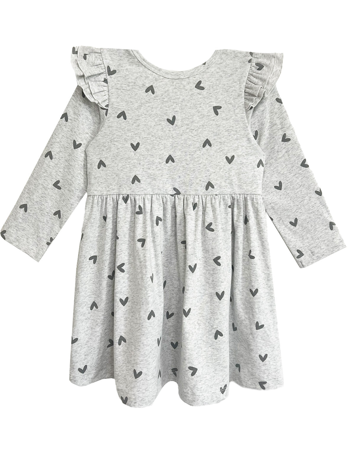 The Mabel and Honey Heartfelt Dress is a light gray, long-sleeved dress with small black hearts, ruffled shoulders, a gathered waist, and a casual design—perfect for everyday wear.