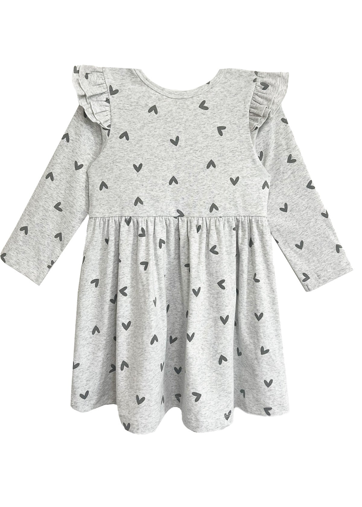 The Mabel and Honey Heartfelt Dress is a light gray, long-sleeved dress with small black hearts, ruffled shoulders, a gathered waist, and a casual design—perfect for everyday wear.
